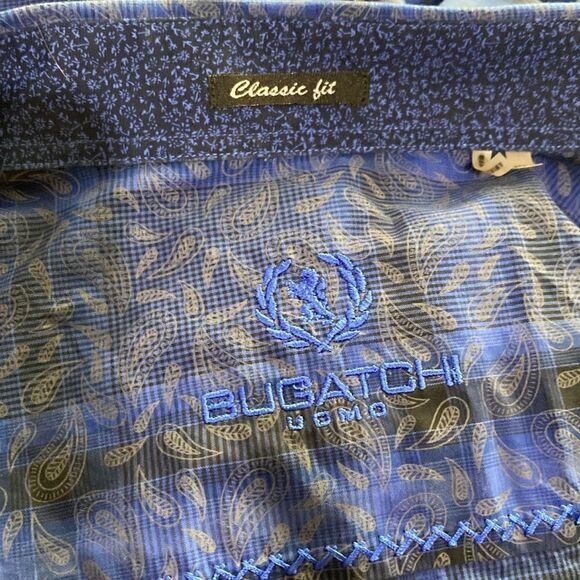 Bugatchi Uomo Dark Blue Medium Blue Plaid Paisley Print Button Down Dress Shirt - Picture 2 of 15